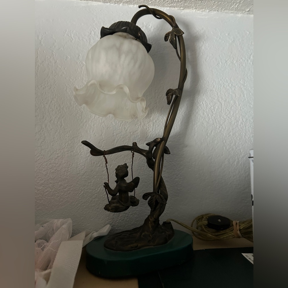 Cherub On Swing Bronze Lamp Nightlight Victorian Style White Glass Shade.